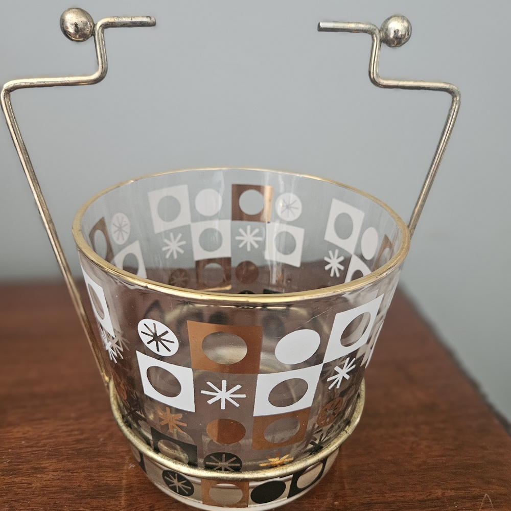 Vintage Atomic Glass Ice Bucket with Gold, Black and White Design
